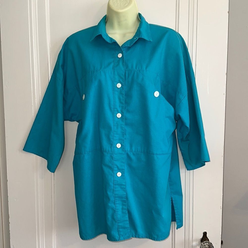 Vintage 80s Brenner Sport turquoise cotton shirt with 3/4 dolman sleeves